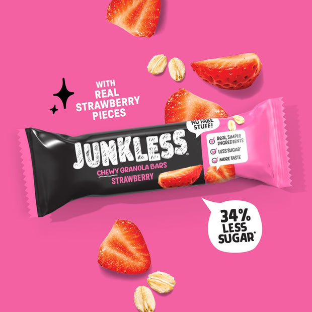 JUNKLESS Chewy Granola Bar 4‑Flavor Variety Pack (24 Bars)–Non‑GMO, Gluten‑Free, Less Sugar Snack Bars— Chocolate Chip, Peanut Butter Chocolate Chip, Cinnamon Roll & Real Strawberry, 4 Boxes