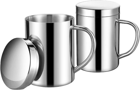 13.5 oz Stainless Steel Double-Walled Metal Mugs - Insulated Coffee & Tea Cup with Lid and Handle for Camping and Everyday Use (2 piece)