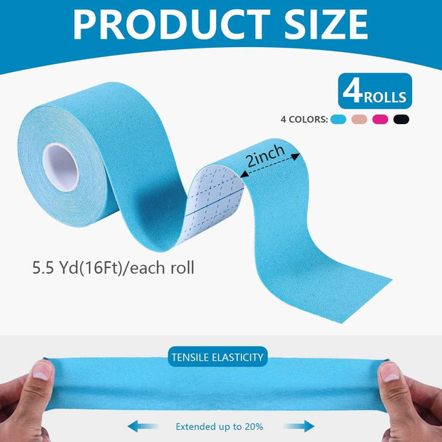 OBTANIM 4 Rolls Waterproof Breathable Kinesiology Tape, Athletic Elastic Kneepad Muscle Pain Relief Knee Taping for Gym Fitness Running Tennis Swimming Football (Black, Skin, Pink, Light Blue)