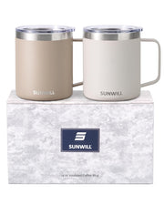 SUNWILL Insulated Coffee Mug with Lid, Travel Tumbler with Handle, 14 oz Stainless Steel Cup for Camping, Office, Home, Powder Coated White