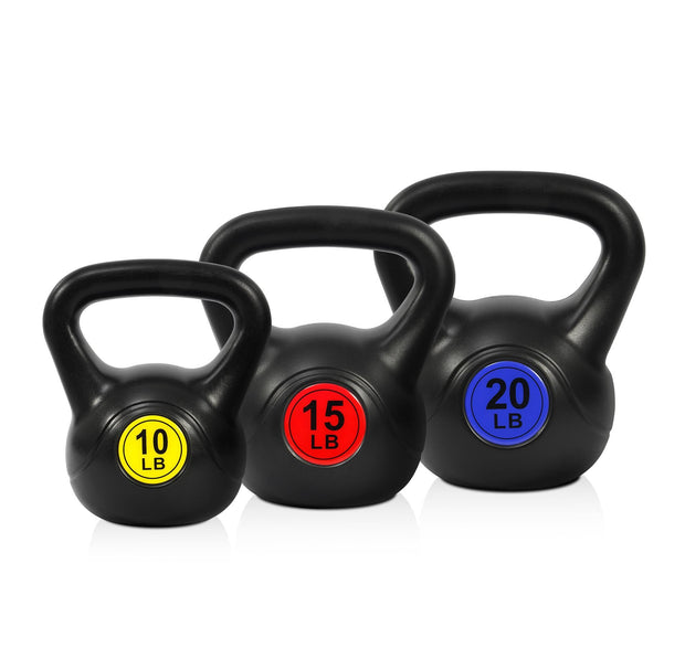 Wide Grip 3-Piece or 4-Piece Kettlebell Exercise Fitness Weight Set, Include 5 lbs, 10 lbs, 15 lbs and 20 lbs, Set of 3 or Set of 4