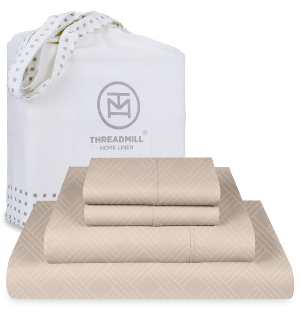 Threadmill Luxury 100% Cotton King Size Sheets Set- 800 Thread Count Jacquard Celine Hotel White, Better Than Egyptian Cotton,4 Pc Striped Bed Set, Damask Bed Sheets with 16" Deep Pocket