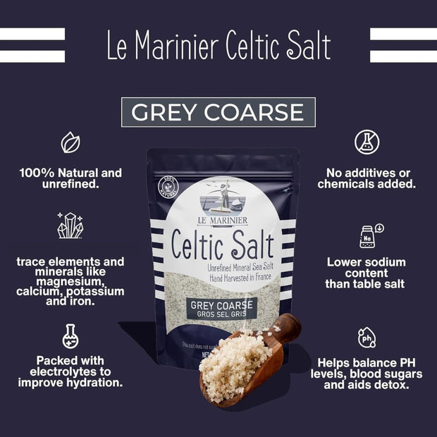 Le Marinier French Sea Salt Grey Coarse, 1.1lb - 18oz. Mineral Rich 100% Natural and Unrefined Celtic Salt Organic. Hand Harvested Mineral Sea Salt, Sel Gris (1.1lb Grey Coarse)