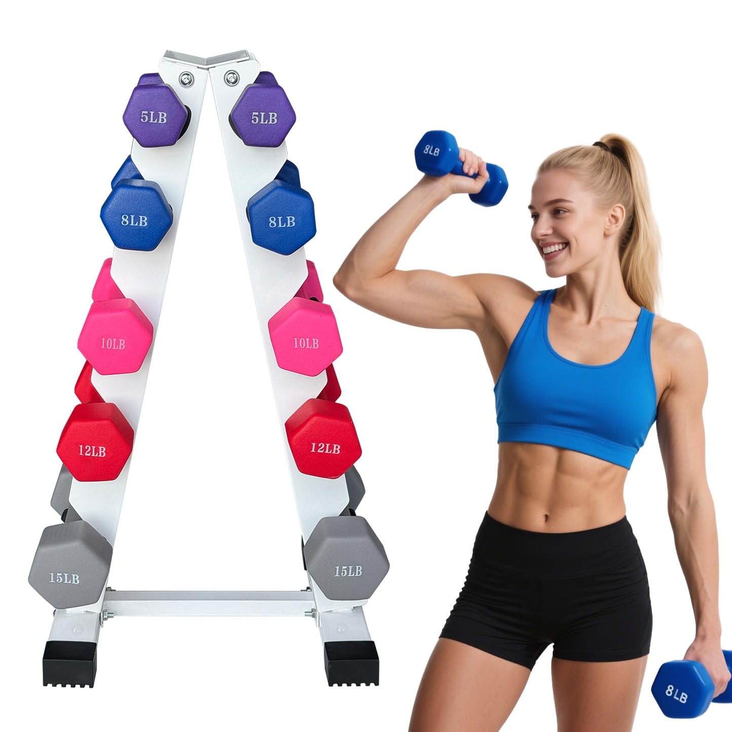 6-10 Pair Iron and Rubber Dumbbell Set 350/450 and 550 lbs 5-50 lbs Hand Free Weight for Strength Hex Coated Weights with Vertical Storage Rack Home Gym 5-50 lb - Black