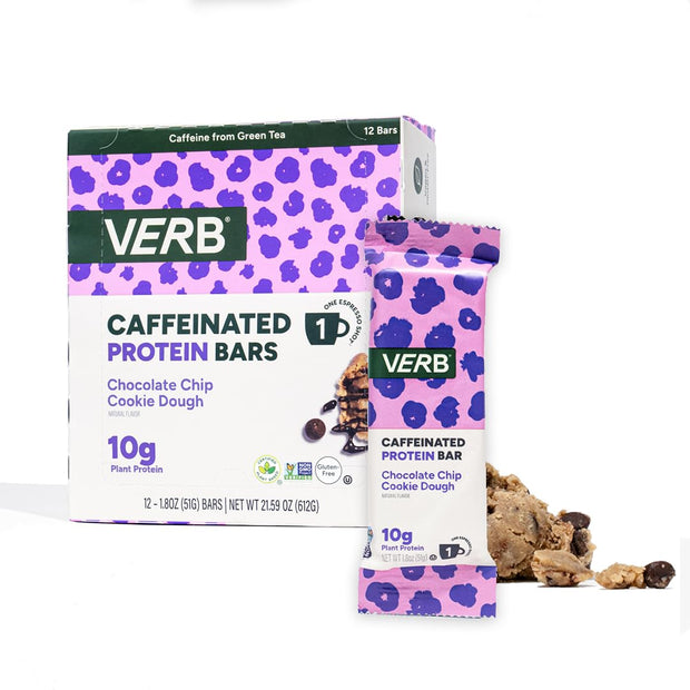 Verb Energy - Caffeinated Protein Bars Chocolate Chip Cookie Dough 190-Calorie Low Sugar 10g Protein Bar - Vegan Snacks - Gluten Free Breakfast Bars with Organic Green Tea, 51g Per Bar (Pack of 12)