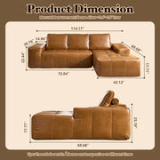 114" Boneless Couches for Living Room, Brown Faux Leather Cloud Sectional Couches with Chaise, Deep Seat L Shaped Modular Sofa, No Assembly Required Sofas in a Box (Right,Faux Leather,Brown)