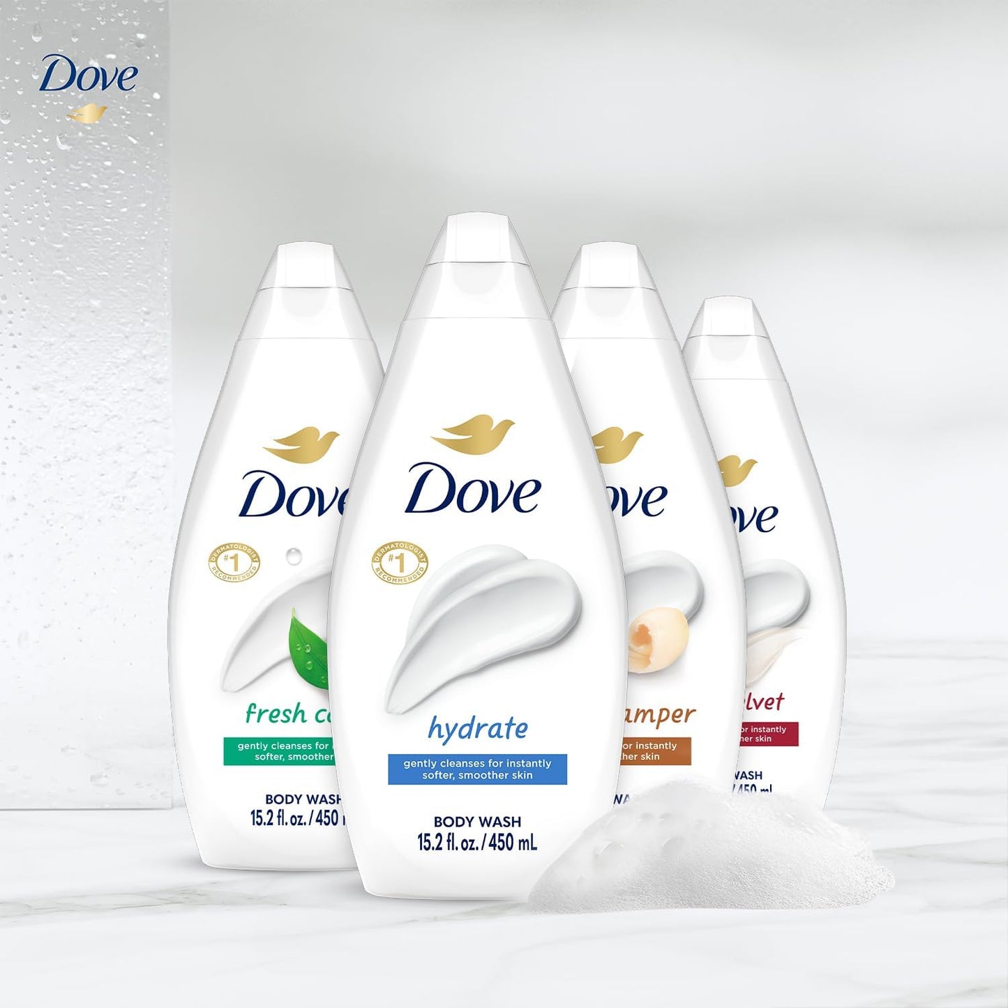Dove Body Wash Variety 6-Pack – Hydrate, Gentle Pamper, Fresh Care, and Silky Velvet, 15.22 Oz Ea