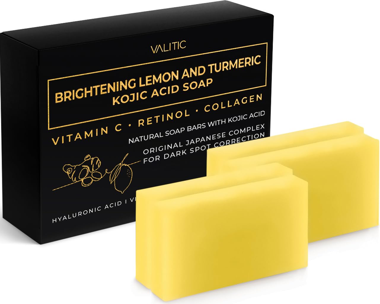 VALITIC Brightening Lemon & Turmeric Kojic Acid Soap with Vitamin C, Retinol, Collagen - Original Japanese Complex Infused with Hyaluronic Acid, Vitamin E, Shea Butter, Castile Olive Oil (2 Pack)
