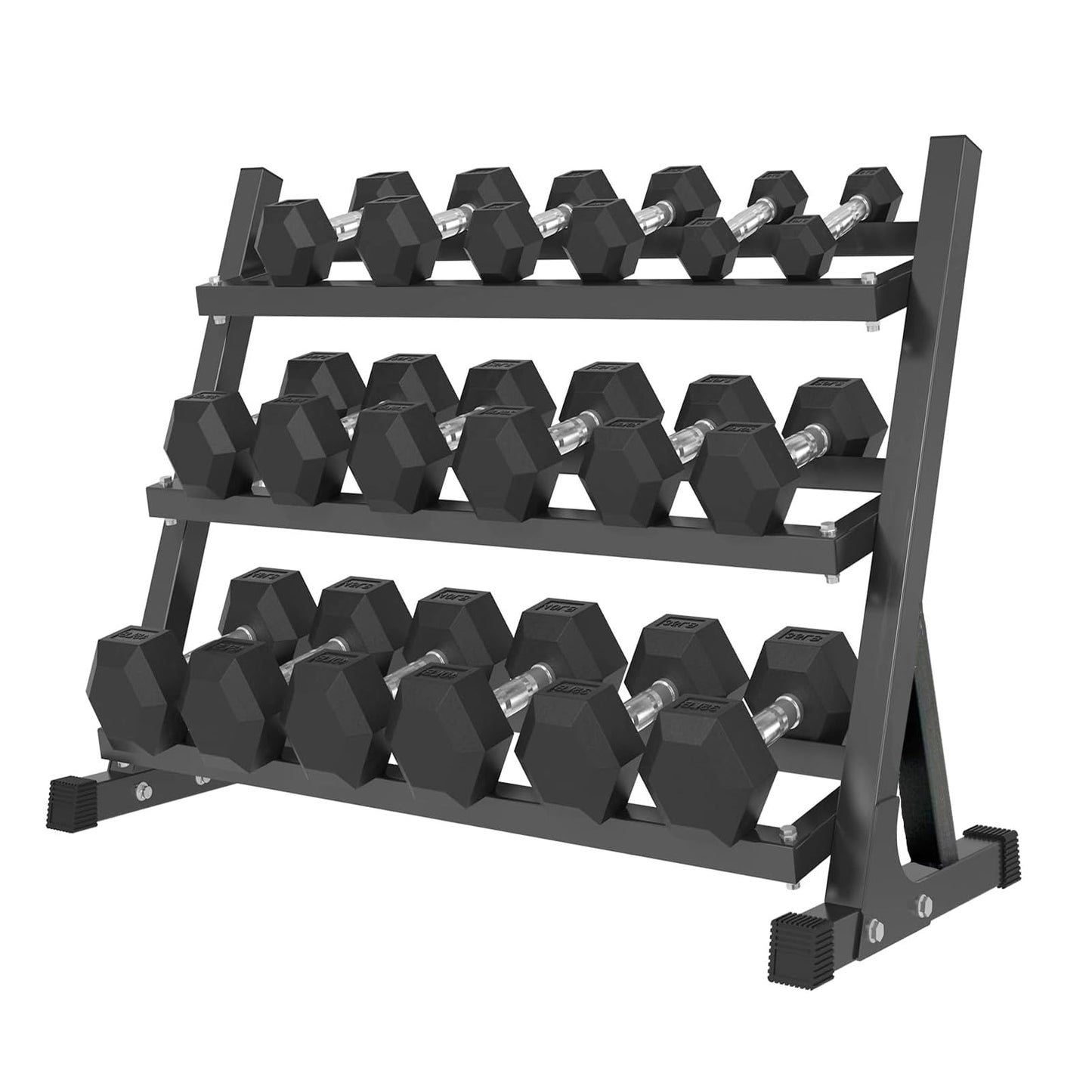 6-10 Pair Iron and Rubber Dumbbell Set 350/450 and 550 lbs 5-50 lbs Hand Free Weight for Strength Hex Coated Weights with Vertical Storage Rack Home Gym 5-50 lb - Black