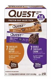 Quest Protein Bar - Value Pack 14 Bars, Chocolate Peanut Butter & Double Chocolate Chunk. 1g Sugar 20g Protein.