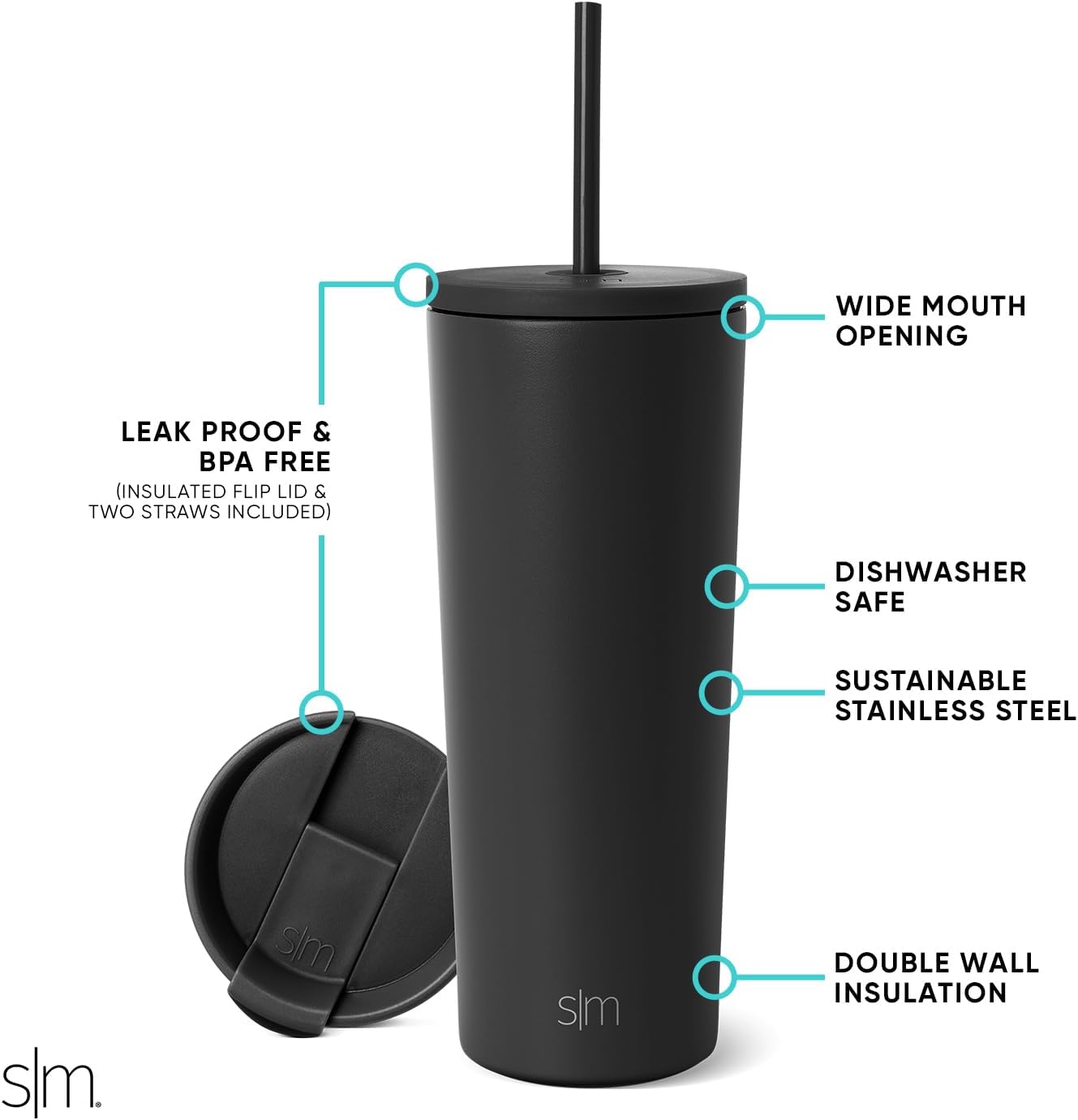 Simple Modern Insulated Tumbler with Lid and Straw | Iced Coffee Cup Reusable Stainless Steel Water Bottle Travel Mug | Gifts for Women Men Her Him | Classic Collection | 24oz | Midnight Black