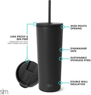 Simple Modern Insulated Tumbler with Lid and Straw | Iced Coffee Cup Reusable Stainless Steel Water Bottle Travel Mug | Gifts for Women Men Her Him | Classic Collection | 24oz | Midnight Black