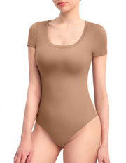 PUMIEY Women's Scoop Neck Short Sleeve Bodysuit Slimming Fit Body suit Top Smoke Cloud Pro Collection