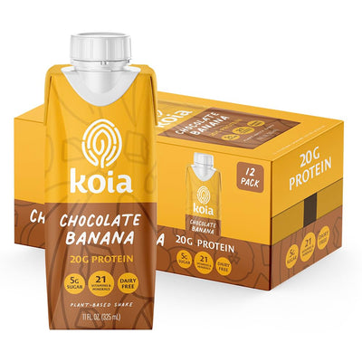 Koia Plant Based Protein Shake, Chocolate Banana, 20g Protein, 5g Sugar, 6g Prebiotic Fiber, 21 Vitamins & Minerals, Meal Replacement Drinks, Dairy-Free, Gluten-Free, Non-GMO, 11 Fl Oz (Pack of 12)