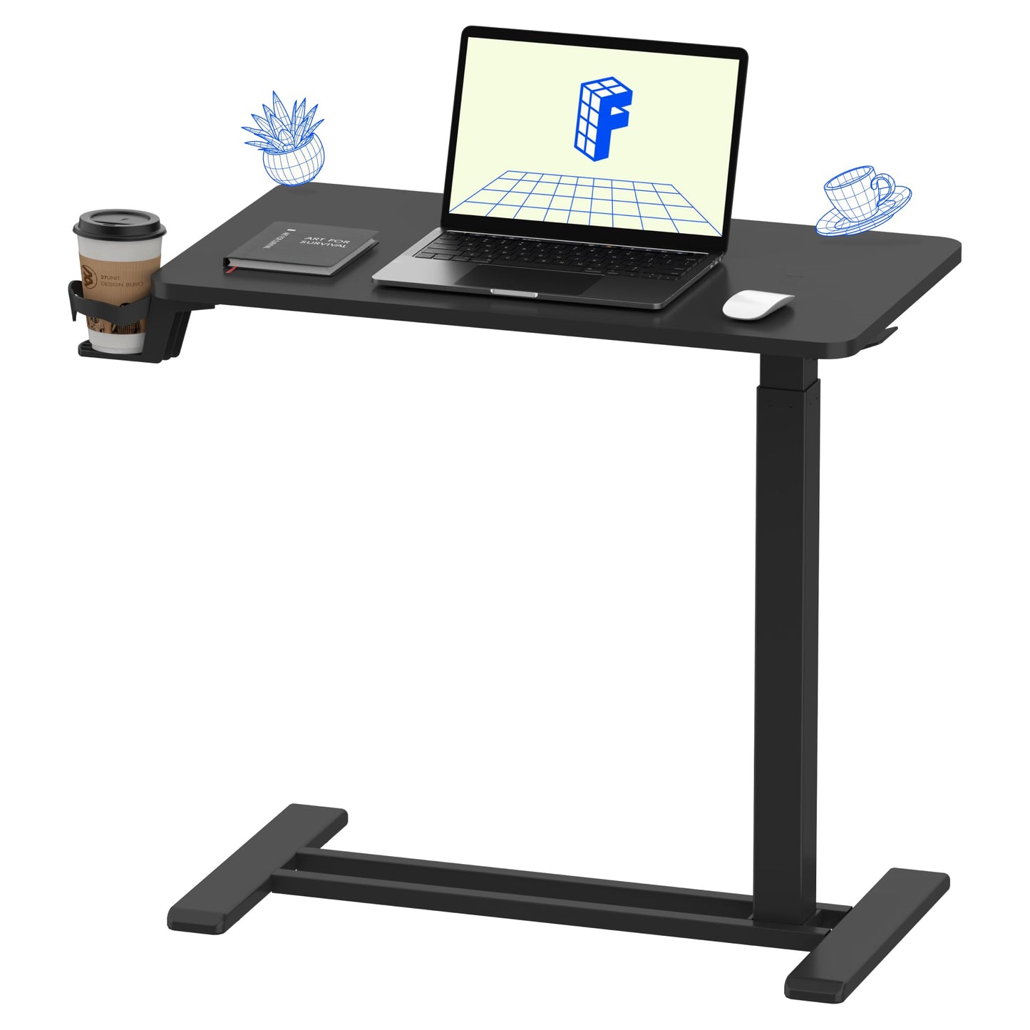 FLEXISPOT H7 Adjustable Overbed Bedside Table with Wheels Pneumatic Mobile Standing Desk Laptop Desk Rolling Computer Cart Movable Overbed Table Hospital Home Use(27.6" W x 15.7" D, White)