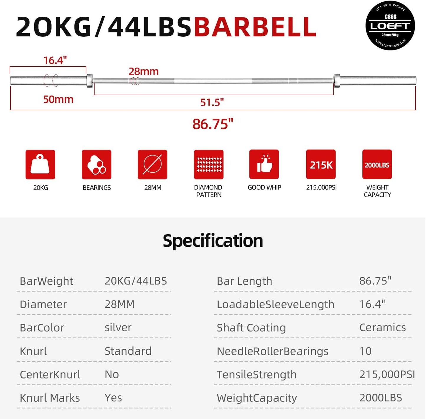 7ft Olympic Barbell, 45 lb Barbell for Powerlifting and Weightlifting, 2000 lbs Weight Capacity 215K PSI Weight Bar Fit 2" Weights for Squat, Bench Press, Deadlift