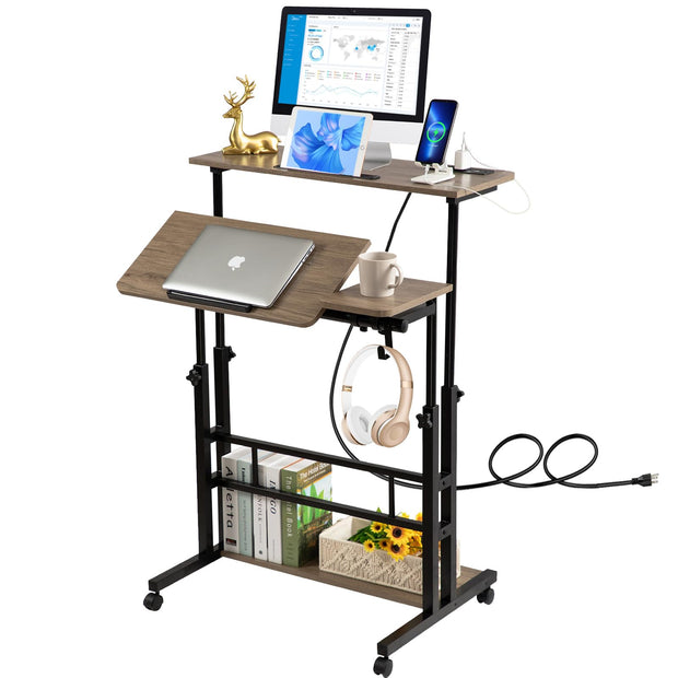Hadulcet Stand Up/Adjustable Mobile Standing Laptop Desk - Rolling Computer Cart with Wheels & Charging Station, TV Tray, Small Drawing Desk