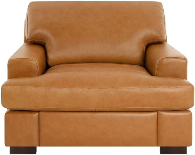 Naomi Home Siggy Genuine Leather Sofa - Set of 3 Luxurious Comfort, Goose Feather Cushion Filling, Square Arm Design, Sturdy Block Legs, Elegant Tan - Ideal for Living Room, Office, or Bedroom