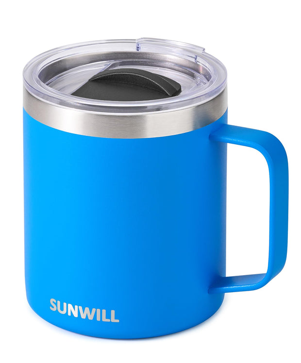 SUNWILL Insulated Coffee Mug with Lid, Travel Tumbler with Handle, 14 oz Stainless Steel Cup for Camping, Office, Home, Powder Coated White