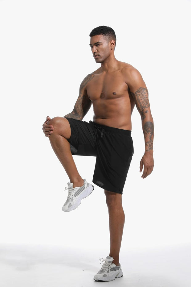 Sauna Shorts for Men 2 in 1 Sweat Shorts Men Sauna Suit Compression Liner Athletic Workout Pants with Pockets