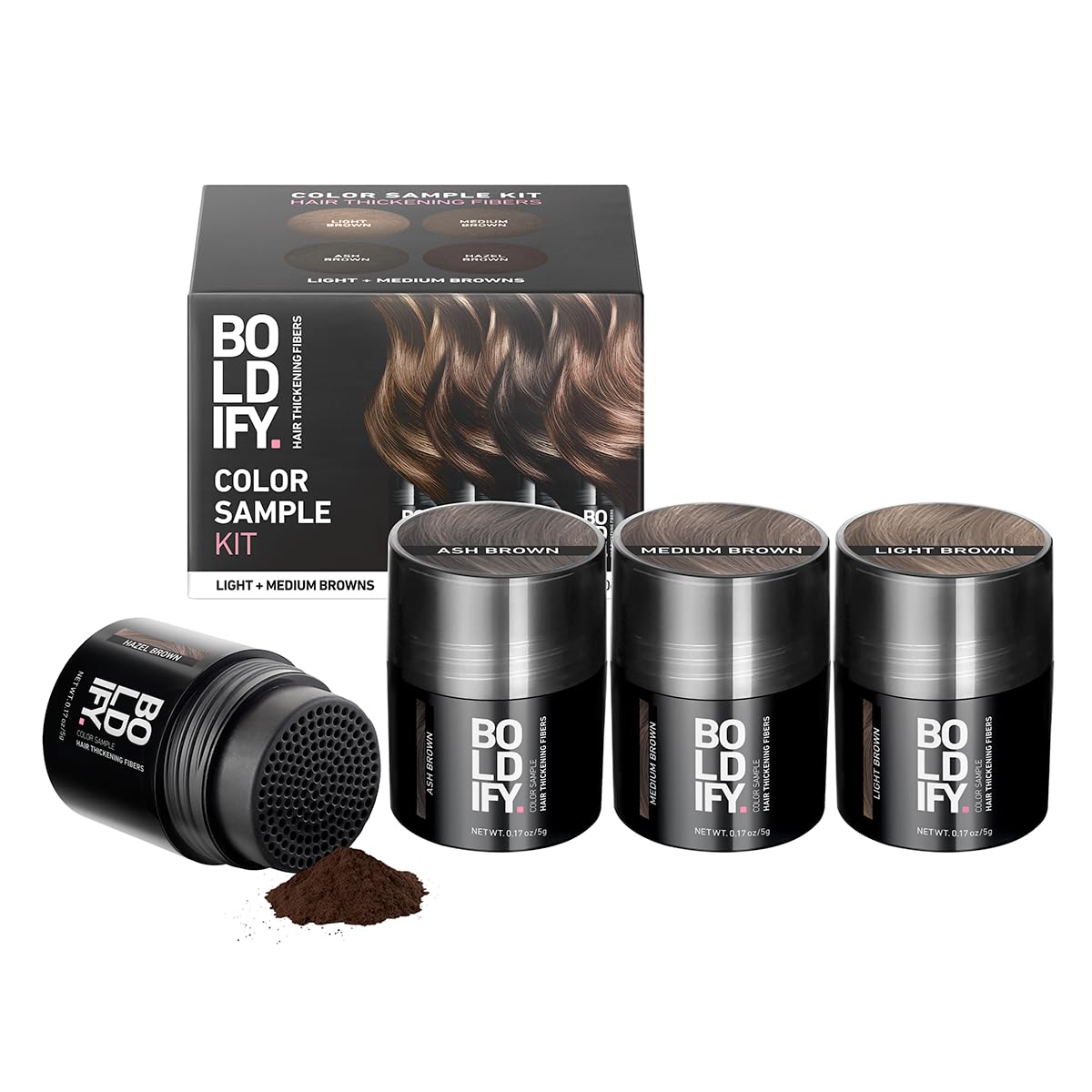 BOLDIFY Hair Fibers (Color Discovery Kit) - Fill In Thinning and Fine Hair for an Instantly Fuller, Thicker Look - 14 Shades for Women & Men - Dark Browns + Black