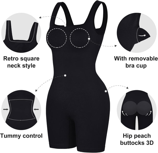 Popilush Shapewear Jumpsuits for Women Built-in Bra Square Neck Rompers Shorts Bodycon Bodysuits Summer Outfits