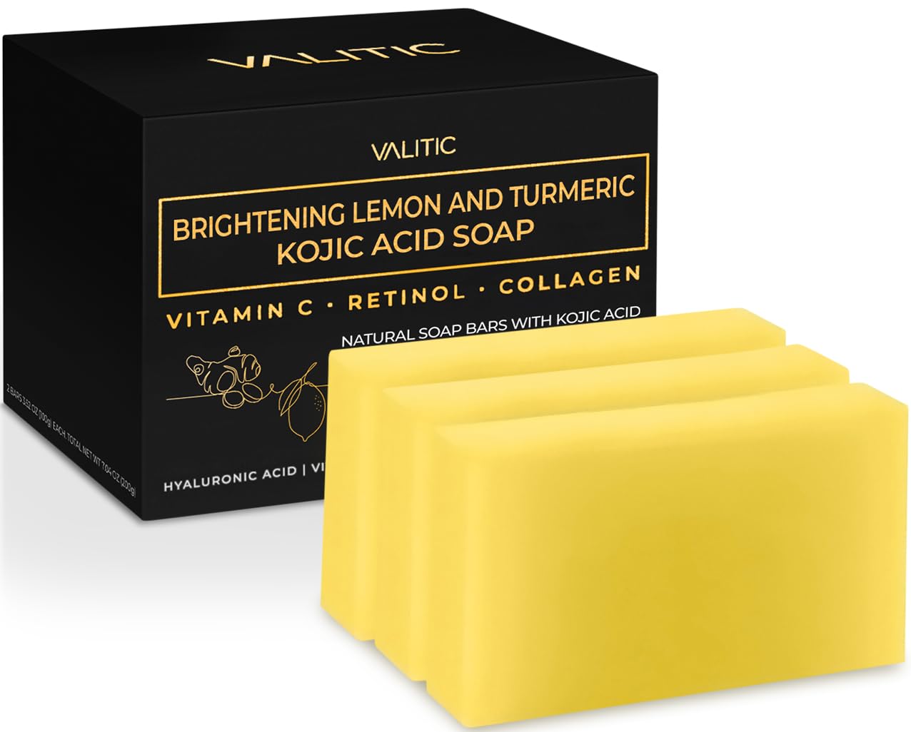 VALITIC Brightening Lemon & Turmeric Kojic Acid Soap with Vitamin C, Retinol, Collagen - Original Japanese Complex Infused with Hyaluronic Acid, Vitamin E, Shea Butter, Castile Olive Oil (2 Pack)