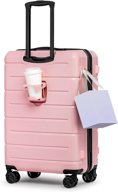 KYME 26 Inch Luggage TSA Approved Hard Shell Suitcases with Spinner Wheels Durable Medium Travel Checked Luggage with Cup Holder for Women Men Pink