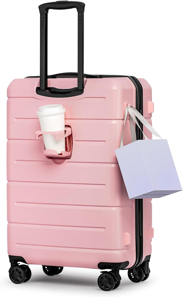 KYME 26 Inch Luggage TSA Approved Hard Shell Suitcases with Spinner Wheels Durable Medium Travel Checked Luggage with Cup Holder for Women Men Pink