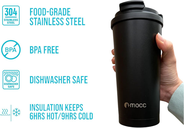 mocc 19oz Insulated Stainless Steel Tumbler, with Leak-Proof Lid and Foldable Straw, for Hot/Cold Coffee/Tea/Infused Water, for Travel & Gift (Black)