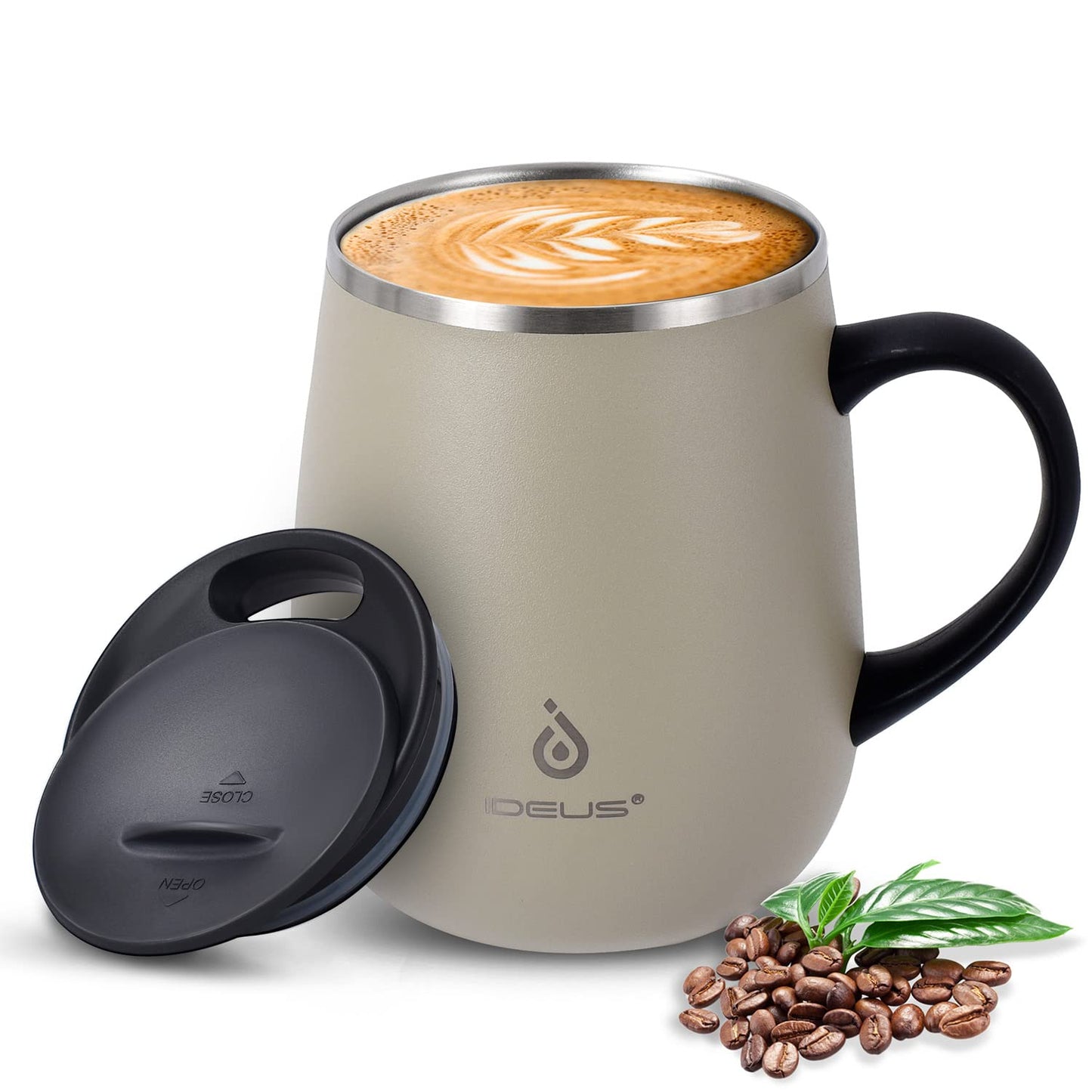 Ideus 16 oz Insulated Coffee Mug with Handle and Lid, Double Wall Stainless Steel Vacuum Thermal Coffee Mug, Travel Coffee Cup Thermal Cup for Home and Office, Storm Black