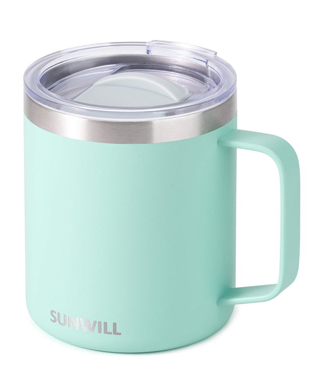 SUNWILL Insulated Coffee Mug with Lid, Travel Tumbler with Handle, 14 oz Stainless Steel Cup for Camping, Office, Home, Powder Coated White