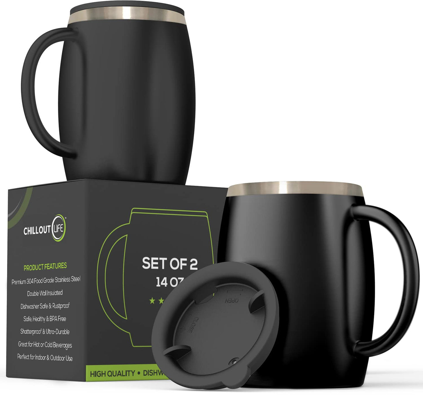 CHILLOUT LIFE Stainless Steel Insulated Coffee Mugs Set of 2 (14oz) – Double Wall Coffee Cups with Spill Resistant Lid & Strong Handle, Shatterproof Cups for Cold Drinks and Hot Beverages