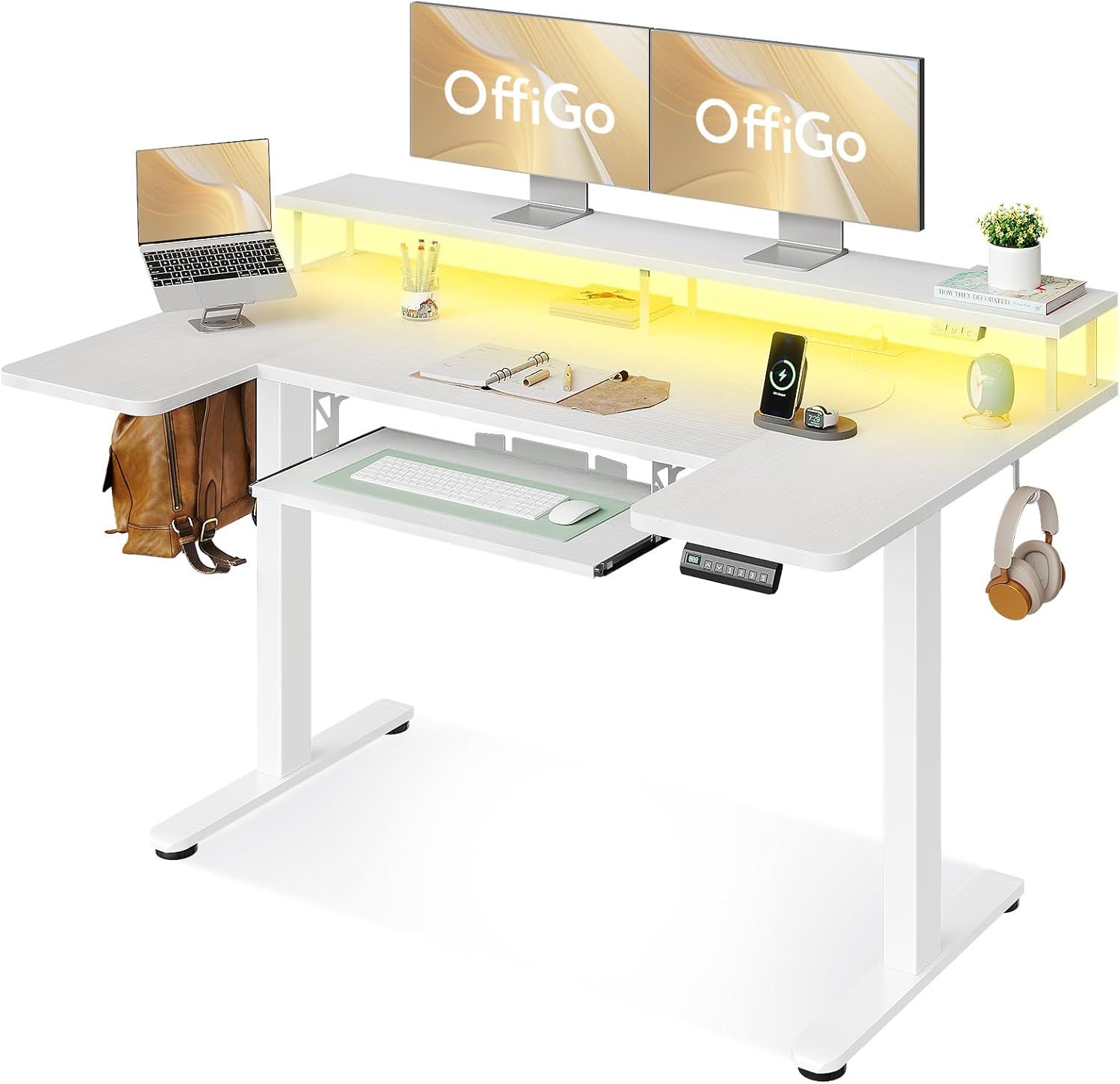 U Shaped Electric Standing Desk with Keyboard Tray, 55 Inch Height Adjustable Desk with Power Outlets & LED Lights, Sit Stand Table with Monitor Stand for Home, Office, White