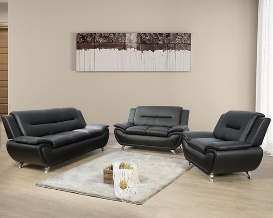 3 Piece Living Room Furniture Set, Leather Sofa Set for Living Room, Modern Couch Set with 3-Seater Sofa, Loveseat and Armchair (Black 2)