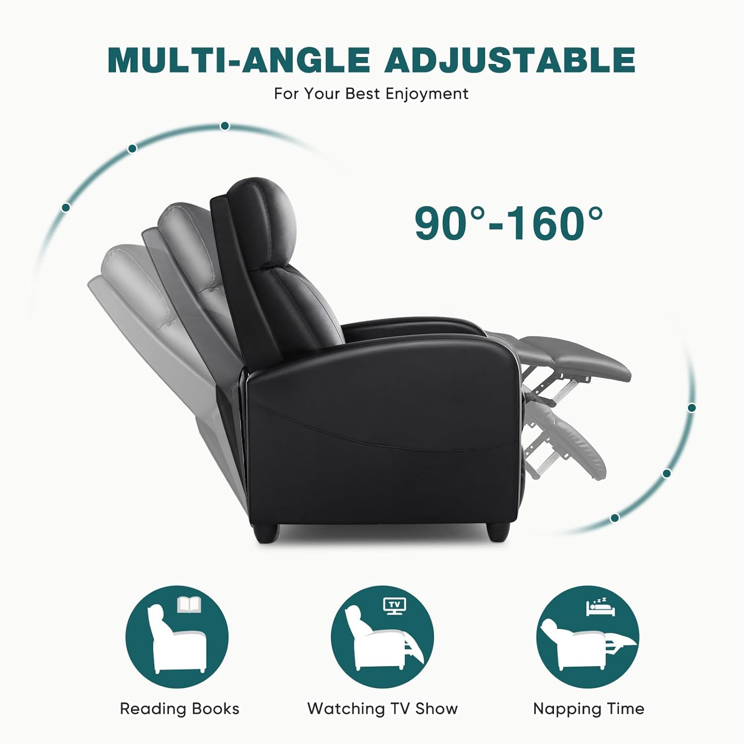 Recliner Chair for Living Room, Leather Home Theater Seating with Lumbar Support with Adjustable Backrest and Footrest, Modern Living Room Furniture with Padded Seat Backrest, Black