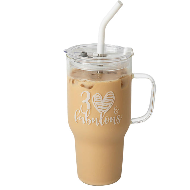 Large Glass Tumbler with Lid and Straw, 4 Pack Glass Cup with Handle, 33oz Iced Coffee Cups, Thick Drinking Glasses Set, Clear Travel Mug for Hot and Cold Beverage, Drinks, Tea, Smoothie