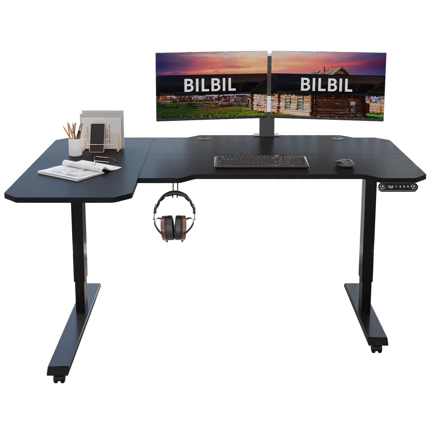 bilbil L-Shaped Electric Height Adjustable Standing Desk 59 Inches, Stand Up Rising Table for Home Office with Splice Board, Black Frame and Rustic Brown Top