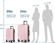 KYME Suitcase Hardshell With Double Spinner Wheels, PC+ABS TSA Lock Travel Luggage (Pink, 2Pcs Set(20"/24"))