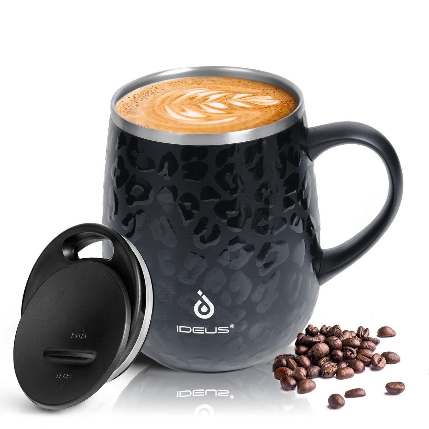 Ideus 16 oz Insulated Coffee Mug with Handle and Lid, Double Wall Stainless Steel Vacuum Thermal Coffee Mug, Travel Coffee Cup Thermal Cup for Home and Office, Storm Black