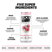 Lucky Energy Sugar Free Energy Drinks 16 Fl Oz Cans (12-Pack) Rizzberry and Cream with Maca, Ginseng, Taurine, Beta-Alanine, 200mg Caffeine