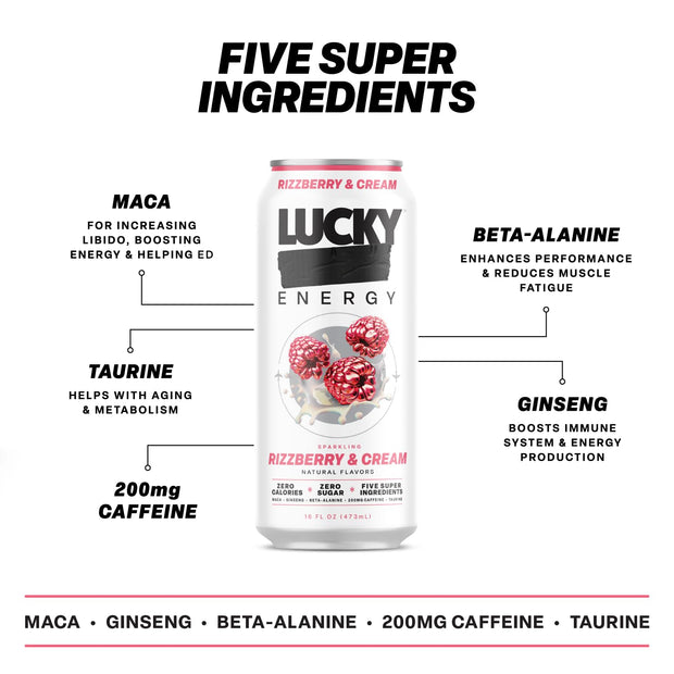 Lucky Energy Sugar Free Energy Drinks 16 Fl Oz Cans (12-Pack) Rizzberry and Cream with Maca, Ginseng, Taurine, Beta-Alanine, 200mg Caffeine