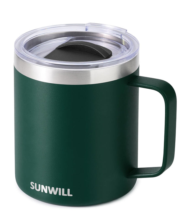 SUNWILL Insulated Coffee Mug with Lid, Travel Tumbler with Handle, 14 oz Stainless Steel Cup for Camping, Office, Home, Powder Coated White