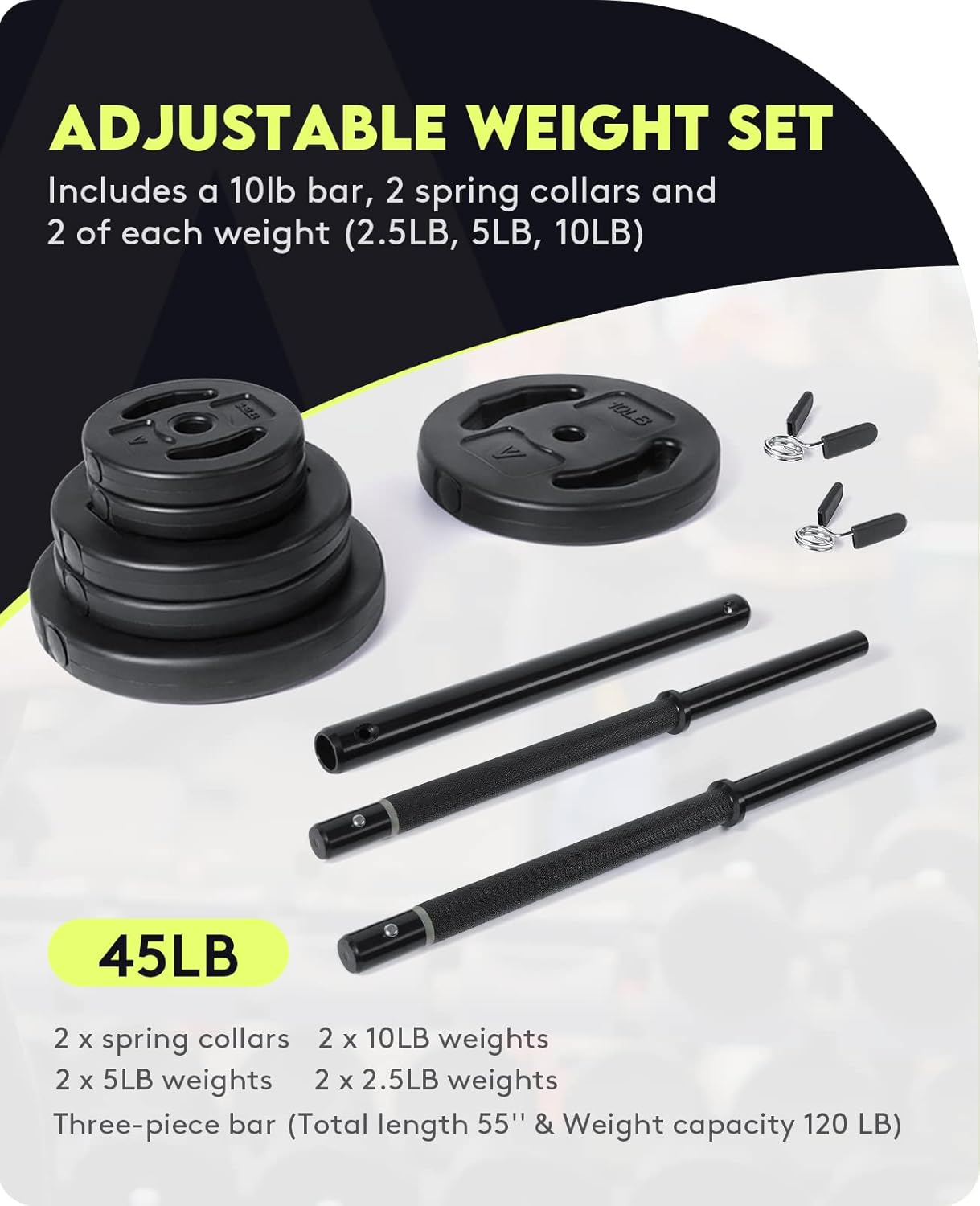 Barbell Weight Set for Lifting, 45 LB Weight Bar Set with Adjustable Free Weights for Workout Bar for Exercise Build Muscle in Home Gym