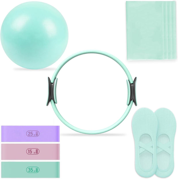 Pilates Essential Kit - Home Pilates Equipment Set - with Toning Pilates Ring & Long Resistance Bands & 3 Level Pilates Loop Bands & Soft Pilates Ball & Pilates Grip Socks