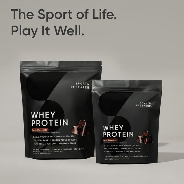 Sports Research Whey Protein Isolate - Sports Nutrition Protein Powder 25g per Scoop - 2lb Bag Whey Protein - Dutch Chocolate Bulk Protein Powder, 25 Servings