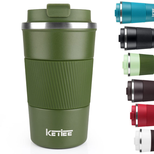 KETIEE Travel Coffee Mug Spill Proof 12oz, Insulated Reusable Coffee Cups with Seal Lid, Vacuum Stainless Steel Travel Mug to Go Car Tumbler for Hot/Ice Drinks (Grey)