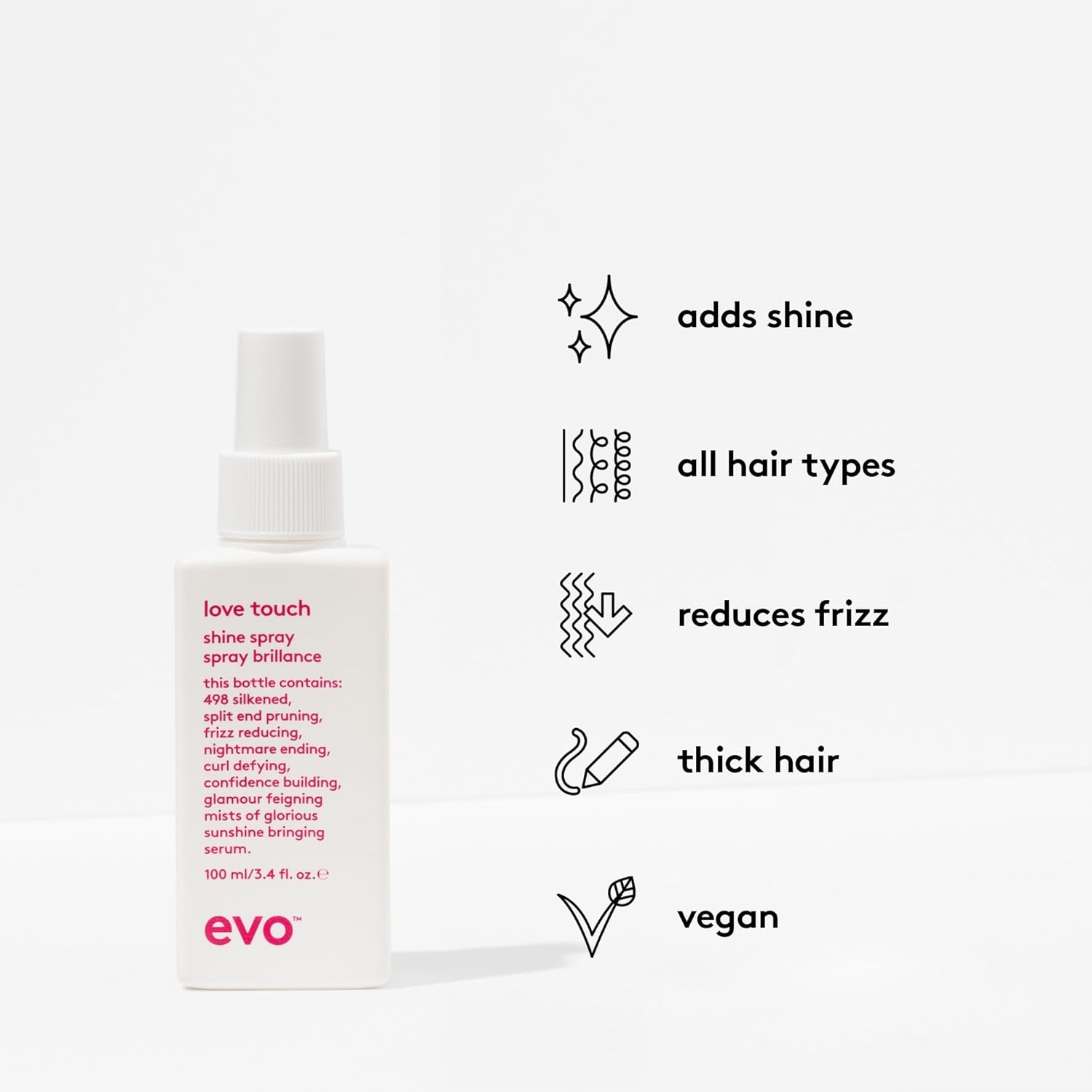 EVO Love Touch Shine Spray - Volumizing Finishing Hair Texture Spray - Smooths With Extra Shine - 100ml / 3.4fl.oz
