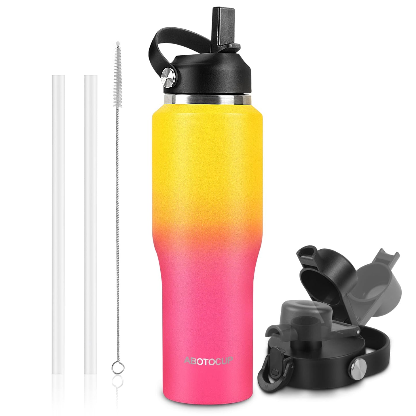32oz Black Water Bottle Stainless Steel, Keep Cold 24H&Hot 12H, Water Bottle with Straw&Spout Lids, Insulated Water Bottle Double Wall Vacuum, Fit in Any Car Cup Holder, Leak-proof BPA Free