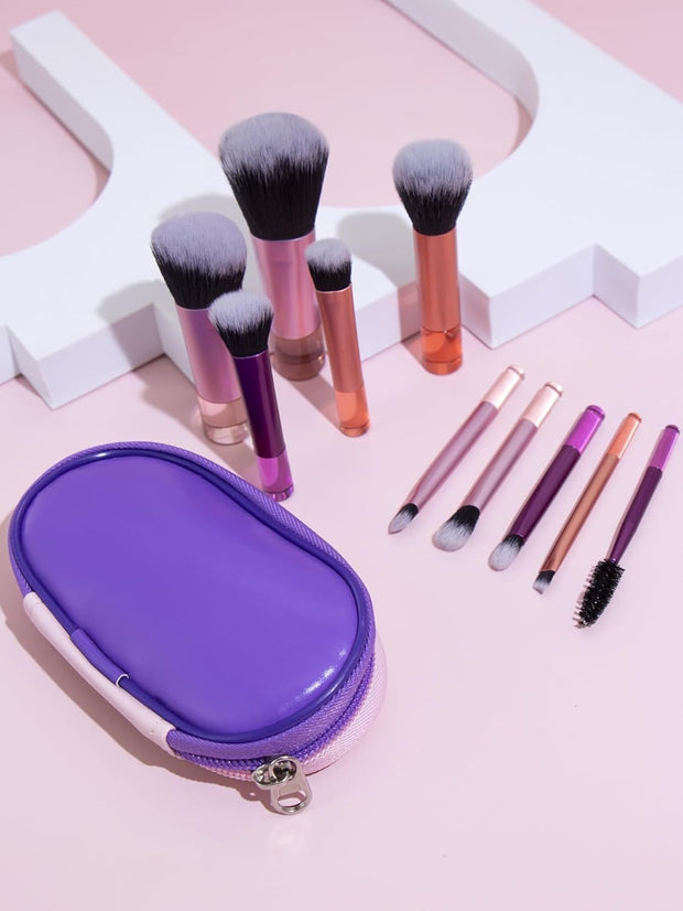 Portable ON THE GO Makeup Brush Set, COSHINE 10pcs Easy-taken Mini Full Complete Function Cosmetic Brushes Kit with Brush Pouch (colorful)